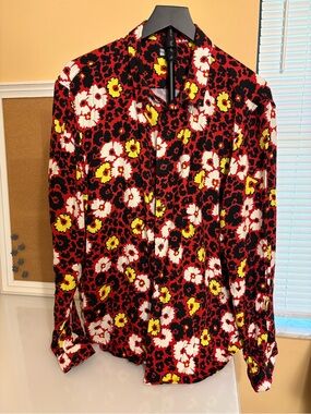 The Kooples Red Floral Patterned Long-Sleeve Button-Down Shirt